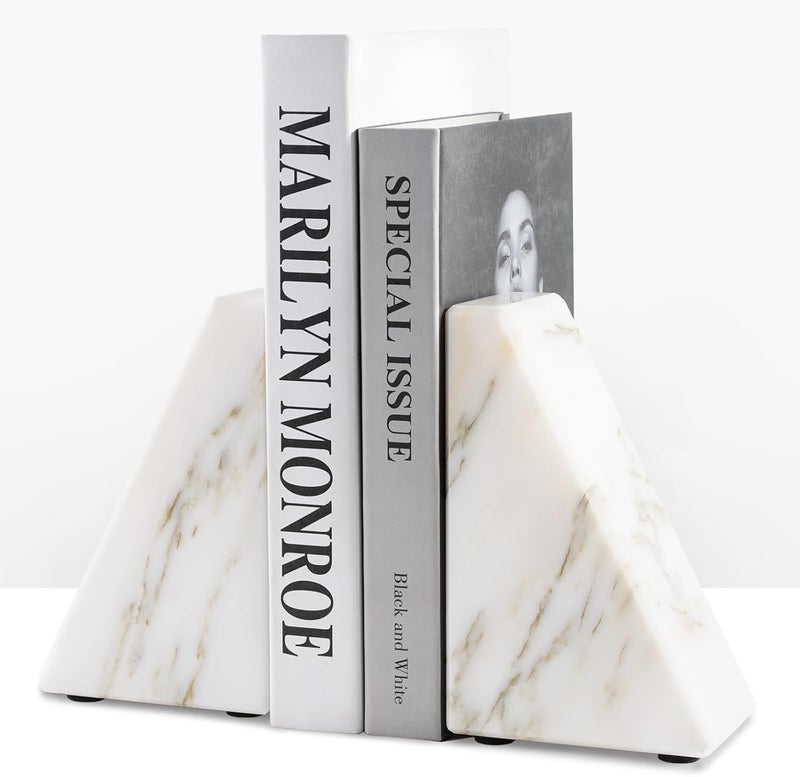 karibiber Marble Book Ends White, Heavy Duty Book Ends for Shelves, Decorative Natural Book Stopper，Unique Decorative Bookend for Home Shelves Calacatta Natural Marble Bookend, Set of 2 - Image 1